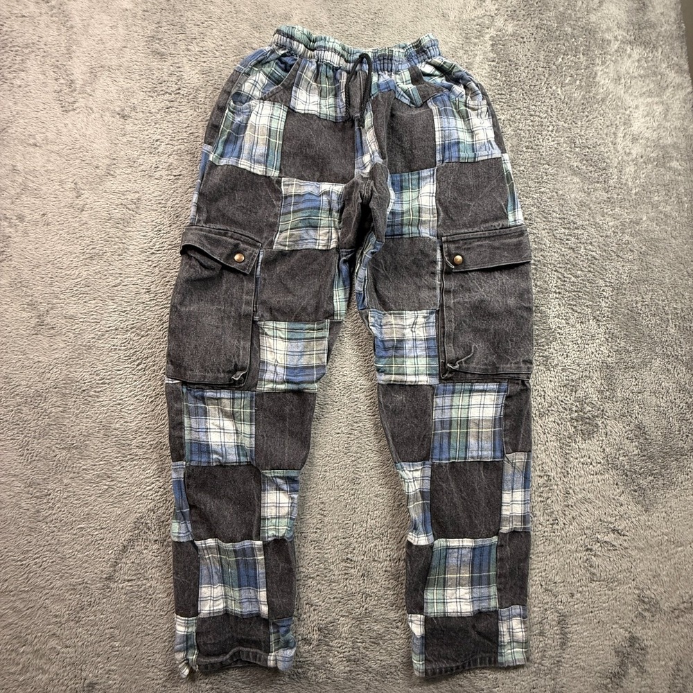 Y2K Patchwork Denim Flannel Jeans Stretch Waist Womens L Cargo Pocket Punk